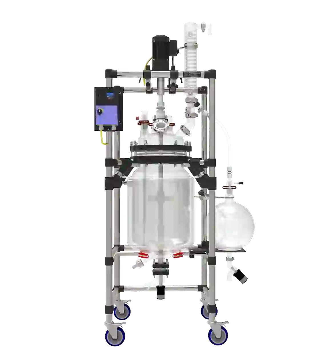 A detailed custom reactors systems with glass and stainless steel components for specialized industrial and pharmaceutical use