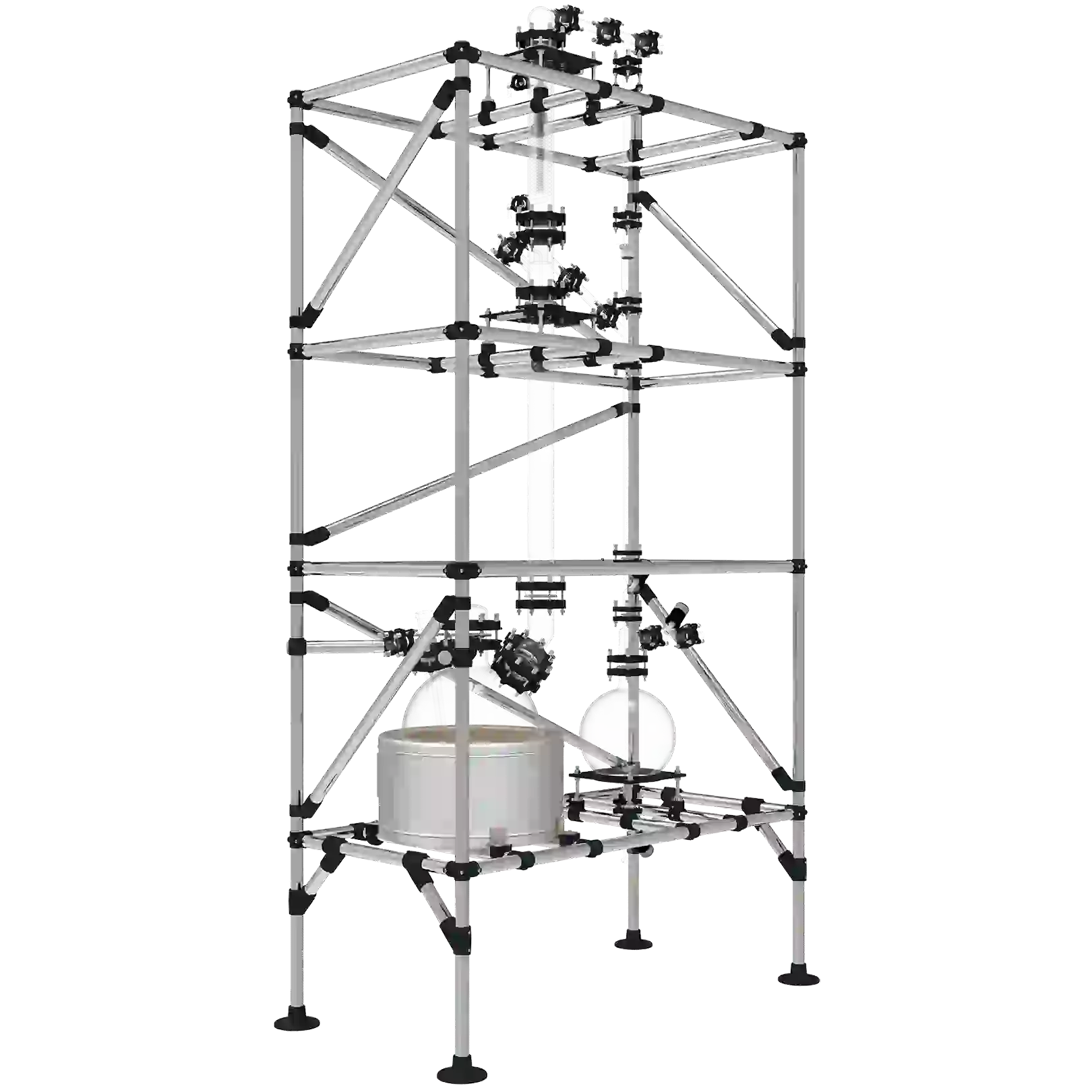A detailed custom lab distillation system with glass and stainless steel components for specialized industrial use